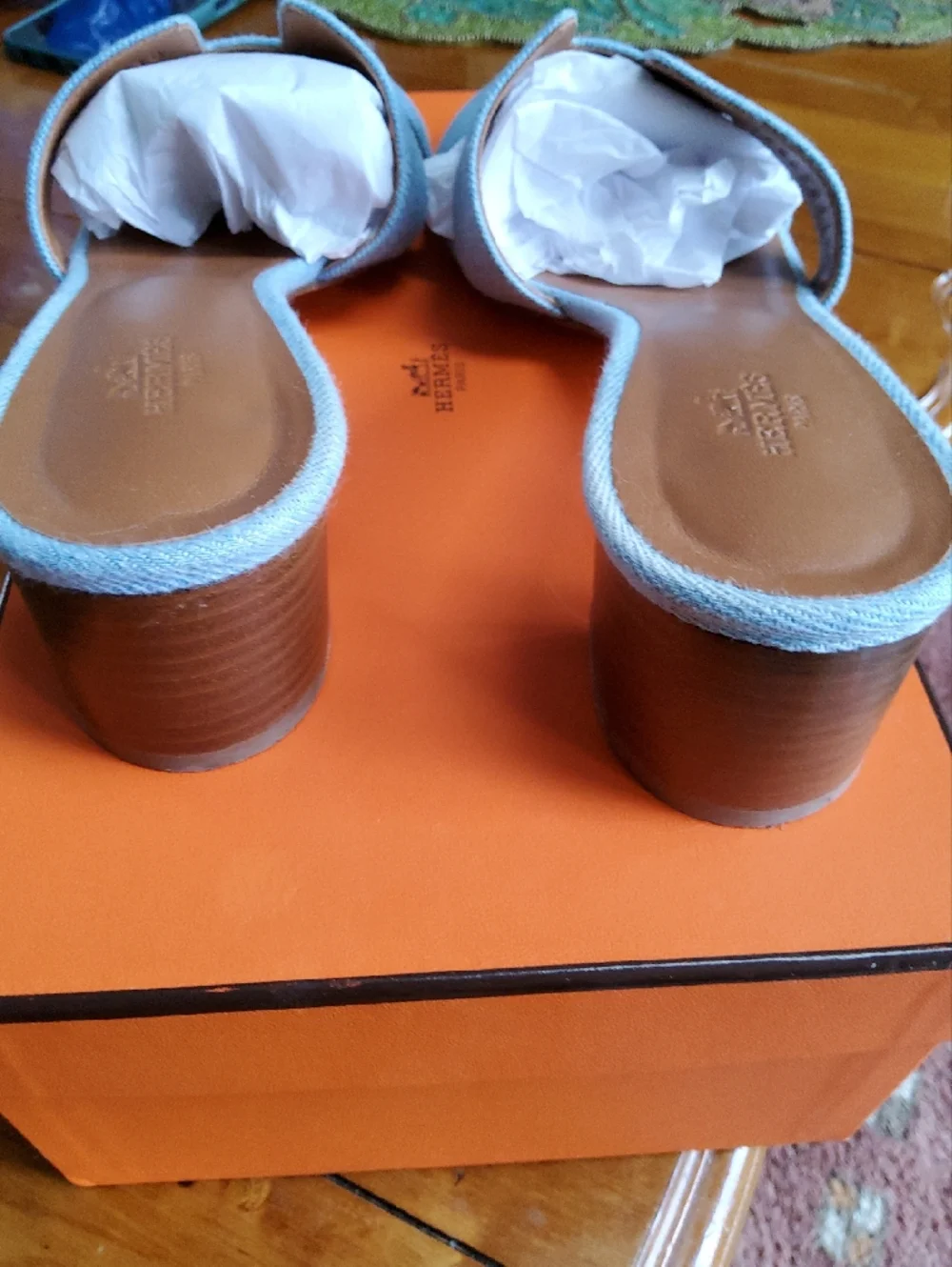 Hermes Light Blue Denim Oran Slide Mules - Picture 2 of 8